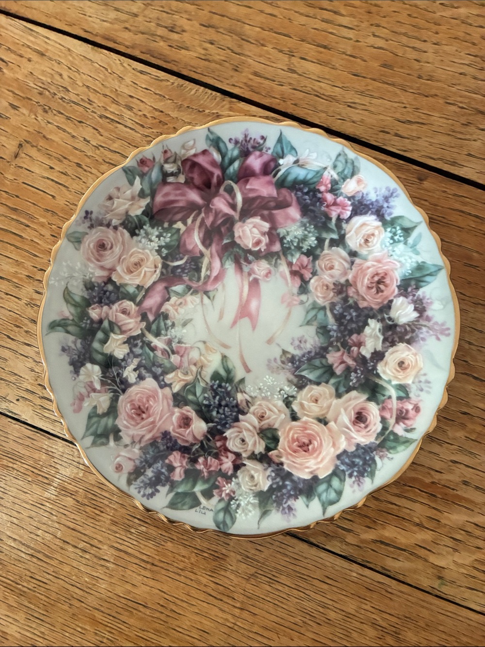 The Bradford Exchange Pink Rose and Purple Ribbon Floral Plate